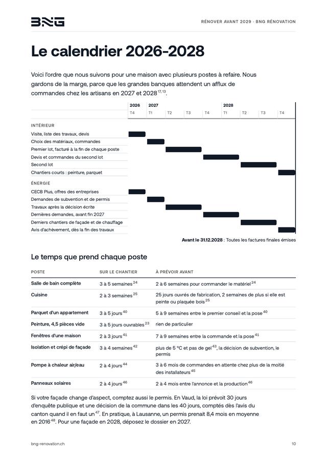 Page 10 du guide : calendrier des travaux de fin 2026 à fin 2028 et durée de chaque poste